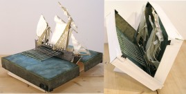 Ship-in-a-Box, etching & aquatint print, mixed media. Open: 40 x 30 x 22 cm. Closed: 6 x 20 x 30cm. 2012.