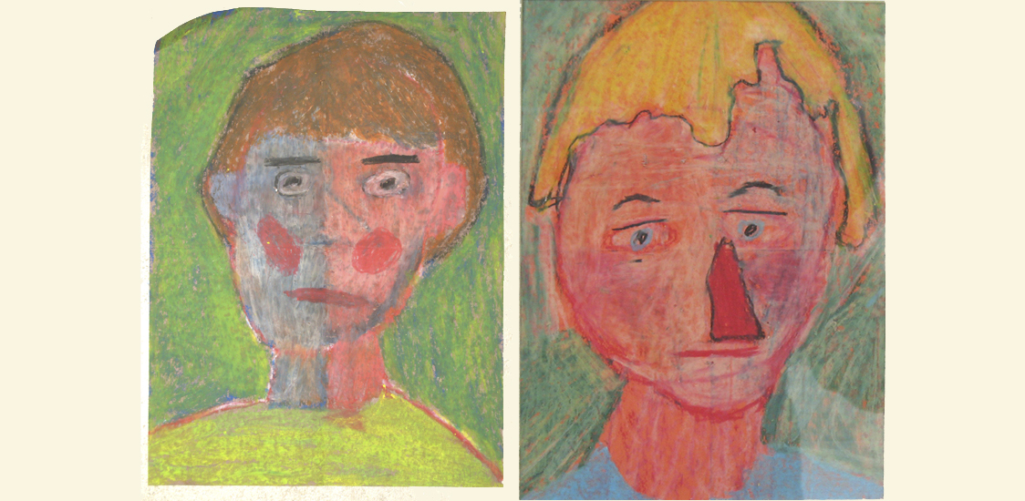 Self-portraits in oil pastel.